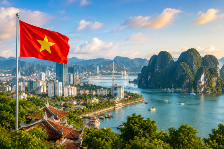 Vietnamese flag overlooking a coastal city, bay, bridge, and limestone mountains representing Vietnam’s regions, cost of living, and lifestyle differences.